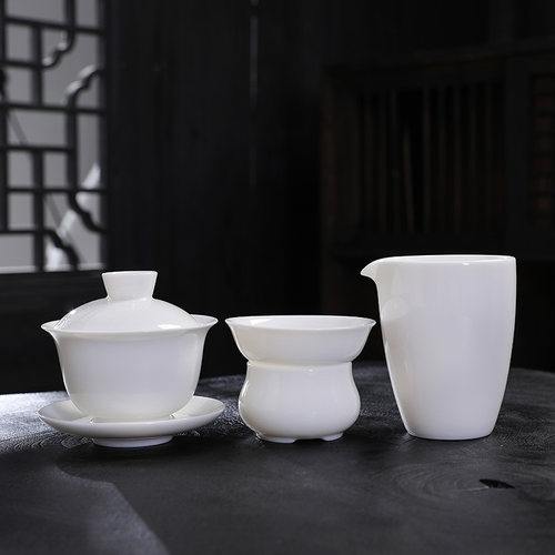 功夫茶具白瓷盖碗公道杯茶漏组合