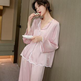冰丝睡衣女款春秋季长袖新款家居服纯色高级感春夏天薄款丝绸套装