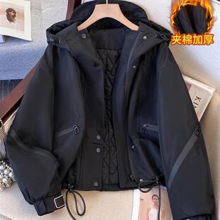 2025新款 工装 冬季 巨好看 冲锋衣夹棉外套 短款 黑色派克服棉服女款