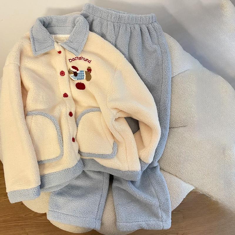 儿童家居服秋冬2024新款女大童加厚加绒法兰绒睡衣女童保暖居家服