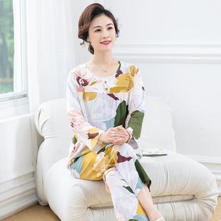 中老年人造棉家居服 春秋棉绸睡衣女夏季 薄款 长袖 冰丝绵绸两件套装