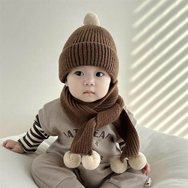 宝宝帽子围巾秋冬季婴儿两件套装保暖针织帽0-1-2到3岁儿童毛线帽