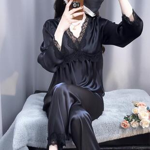 2026新款水光绸领睡衣女春秋长袖蕾丝边黑色性感家居服套装冰丝