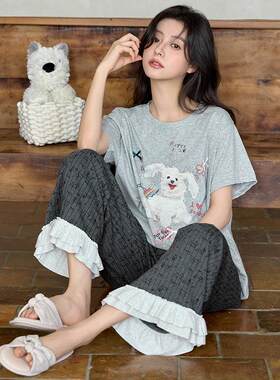 睡衣女夏季纯棉短袖长裤家居服休闲薄款女款夏天可外穿套装