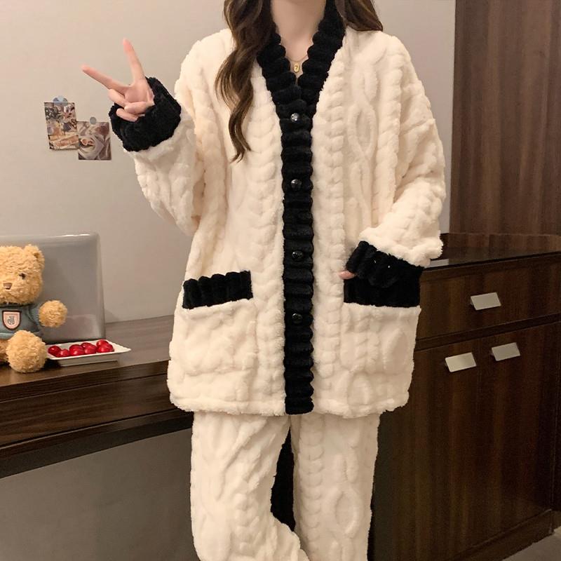 珊瑚绒睡衣女款冬季加绒加厚简约高级2025新款秋冬款麦穗绒家居服