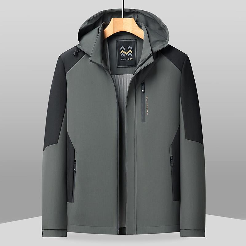 男士新款休闲 夹克户外运动外套中年春秋防风脱卸帽百搭拼色上衣