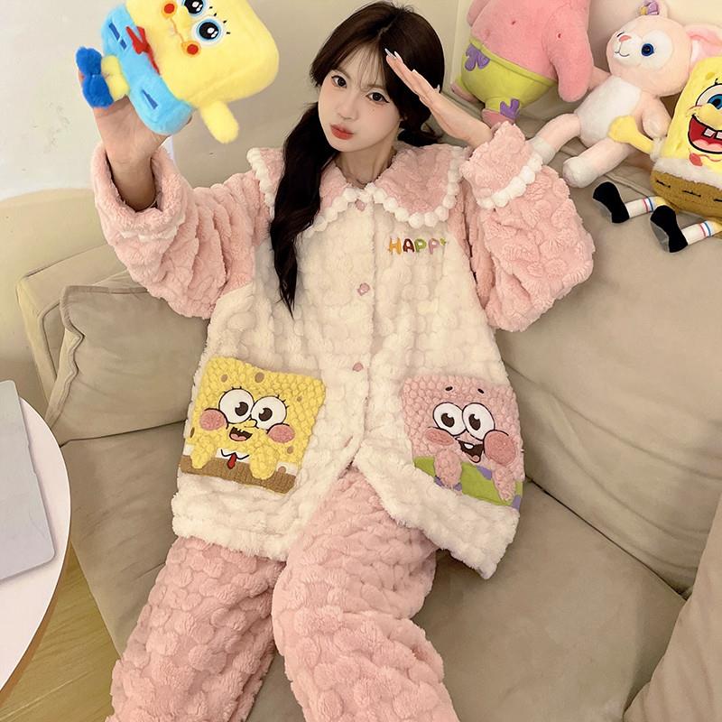 儿童珊瑚绒睡衣女童秋冬季加绒加厚款2024新款女孩初中生海绵宝宝