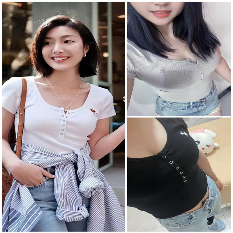 af短袖2024夏圆领纯色麋鹿刺绣修身纽扣罗纹亨利打底t恤上衣女短