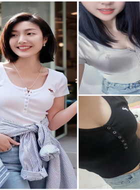af短袖2024夏圆领纯色麋鹿刺绣修身纽扣罗纹亨利打底t恤上衣女短