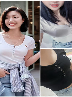 af短袖2024夏圆领纯色麋鹿刺绣修身纽扣罗纹亨利打底t恤上衣女短