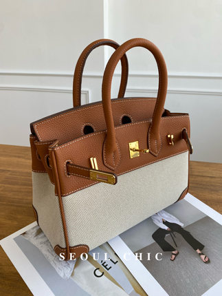 SEOULCHIC 高级感真皮手提包2024新款撞色帆布包铂金包单肩斜挎包