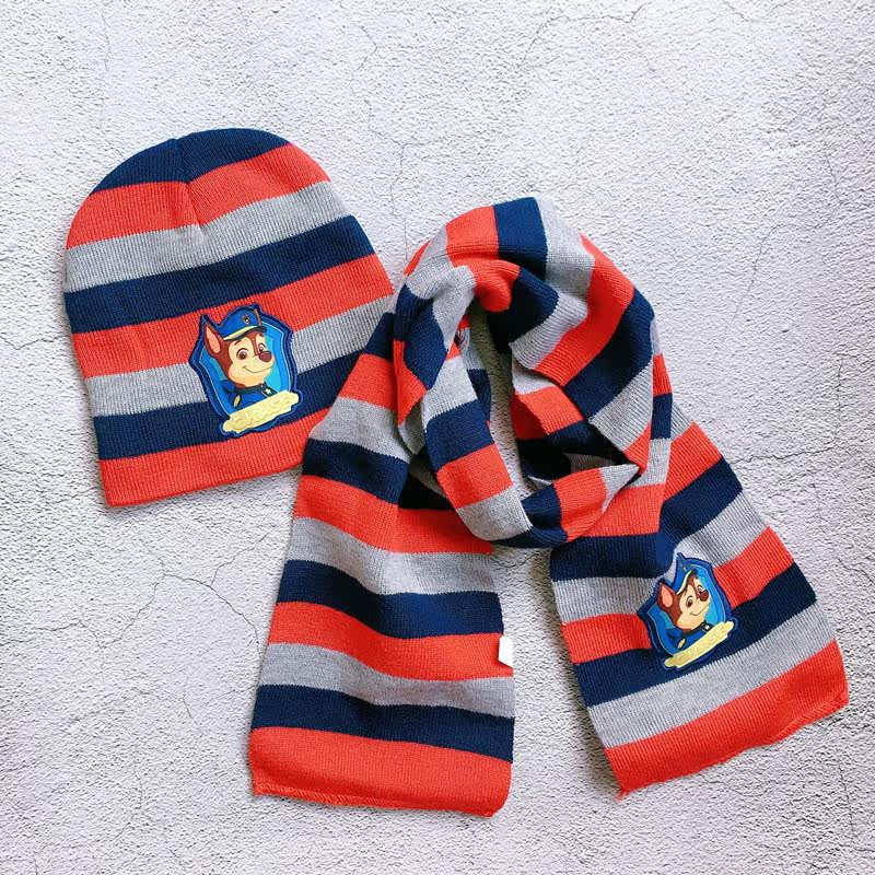 秋冬男女宝宝小孩旺旺狗狗卡通队帽子围巾条纹保暖出片冬天儿童帽