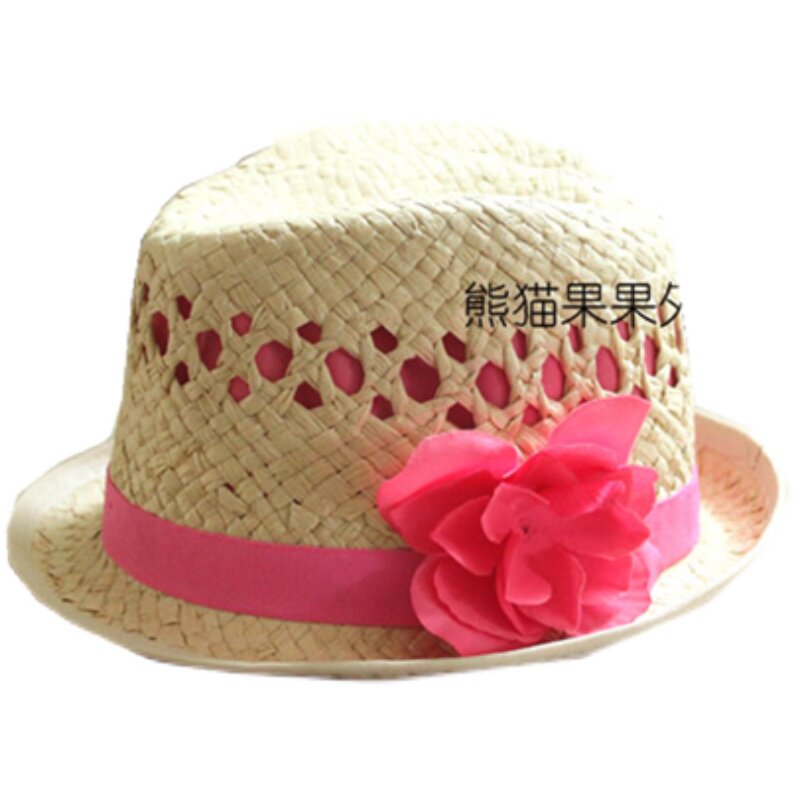 春夏女儿童宝宝小孩公主粉色花朵草帽爵士帽遮太阳沙滩帽H家帽子