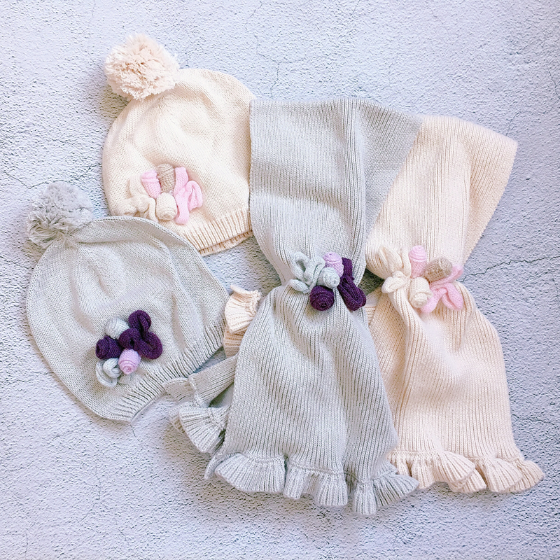 秋冬女宝宝小孩儿童花朵帽子围巾两件套装外贸出口原单冬款帽围巾