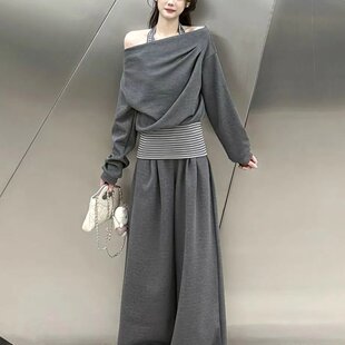 两件时尚套装女春秋新款气质假两件挂脖露肩针织衫上衣搭配阔腿裤