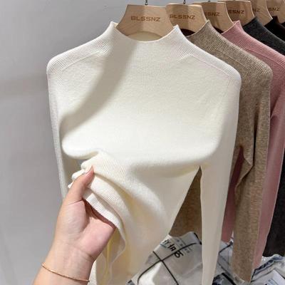秋冬100%软糯羊毛衫女半高领白色内搭针织打底衫修身气质中领毛衣
