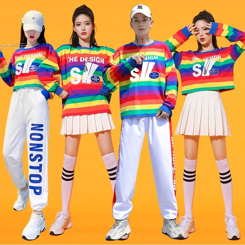 纯棉彩虹条纹运动卫衣学生班服潮