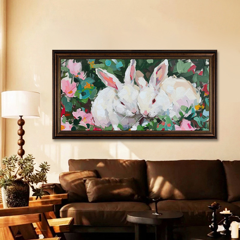 美式复古兔子客厅沙发背景墙装饰画油画乡村风格小众艺术玄关挂画