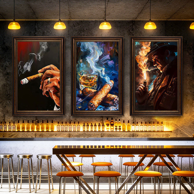 雪茄吧挂画美式复古威士忌酒吧壁画工业风酒馆烟酒行会所装饰画