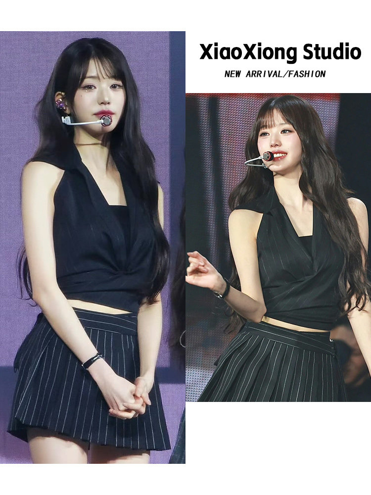 ZHANG YUANYINGS SAME BLACK HALTERNECK VEST SLEEVELESS TOP STRIPED HIGH-WAISTED SKIRT SHORT SKIRT HOT GIRL SUIT FEMALE SUMMER