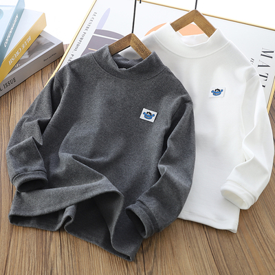 男童半高领t恤2025秋冬新款中大童纯棉磨毛打底衫内搭加厚上衣装