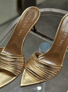 2025年新款夏高跟鞋女细跟半拖鞋金色尖头性感一字带凉拖鞋女外穿