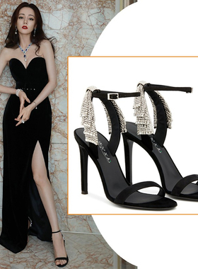 2025年新款夏黑色绒面一字带高跟鞋女性感气质名媛水钻细跟凉鞋女