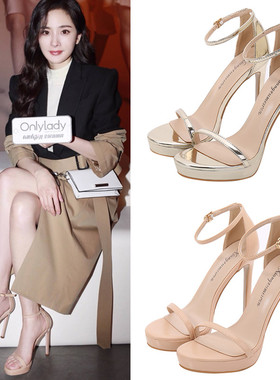 2025年新款夏网红高跟鞋一字带性感百搭12cm细跟金色防水台凉鞋女