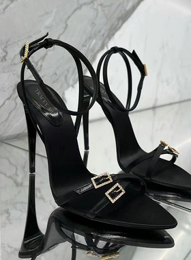 欧美2025新款黑色高跟鞋女露趾水钻一字带扣尖头细跟绑带凉鞋女