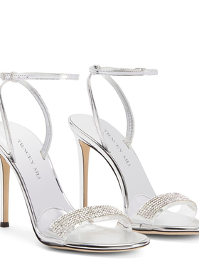 2025年夏新款银色高跟鞋女细跟性感百搭水钻露趾一字带透明凉鞋女