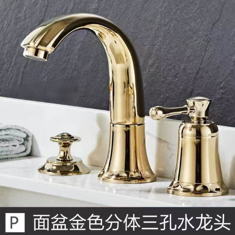 面盆水龙头三件套分体铜心加重台盆欧式三孔提拉下水器冷热混水阀