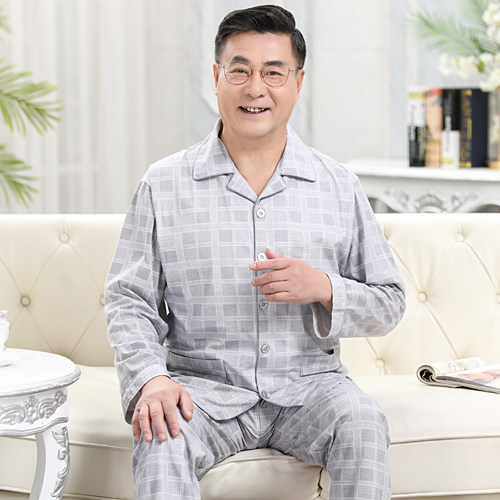 春秋老人爸爸睡衣长袖纯棉