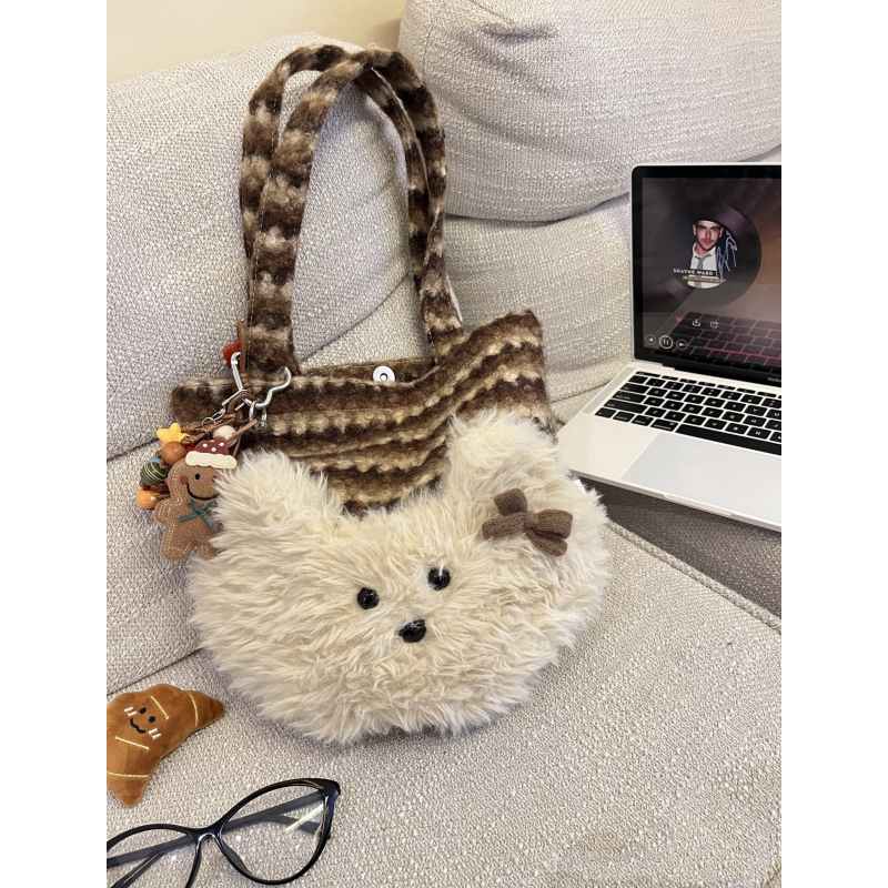 新款原创毛绒可爱小狗单肩包女学生韩版棕条纹手提包大容量通勤包