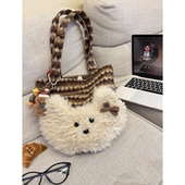 新款 原创毛绒可爱小狗单肩包女学生韩版 棕条纹手提包大容量通勤包