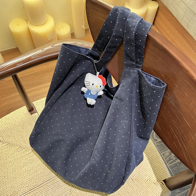 原创藏蓝色点点单肩包韩系大容量托特包休闲百搭手提包简约通勤包