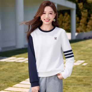 撞色长袖卫衣女早秋新款洋气减龄韩版圆领学院风穿搭休闲套头上衣