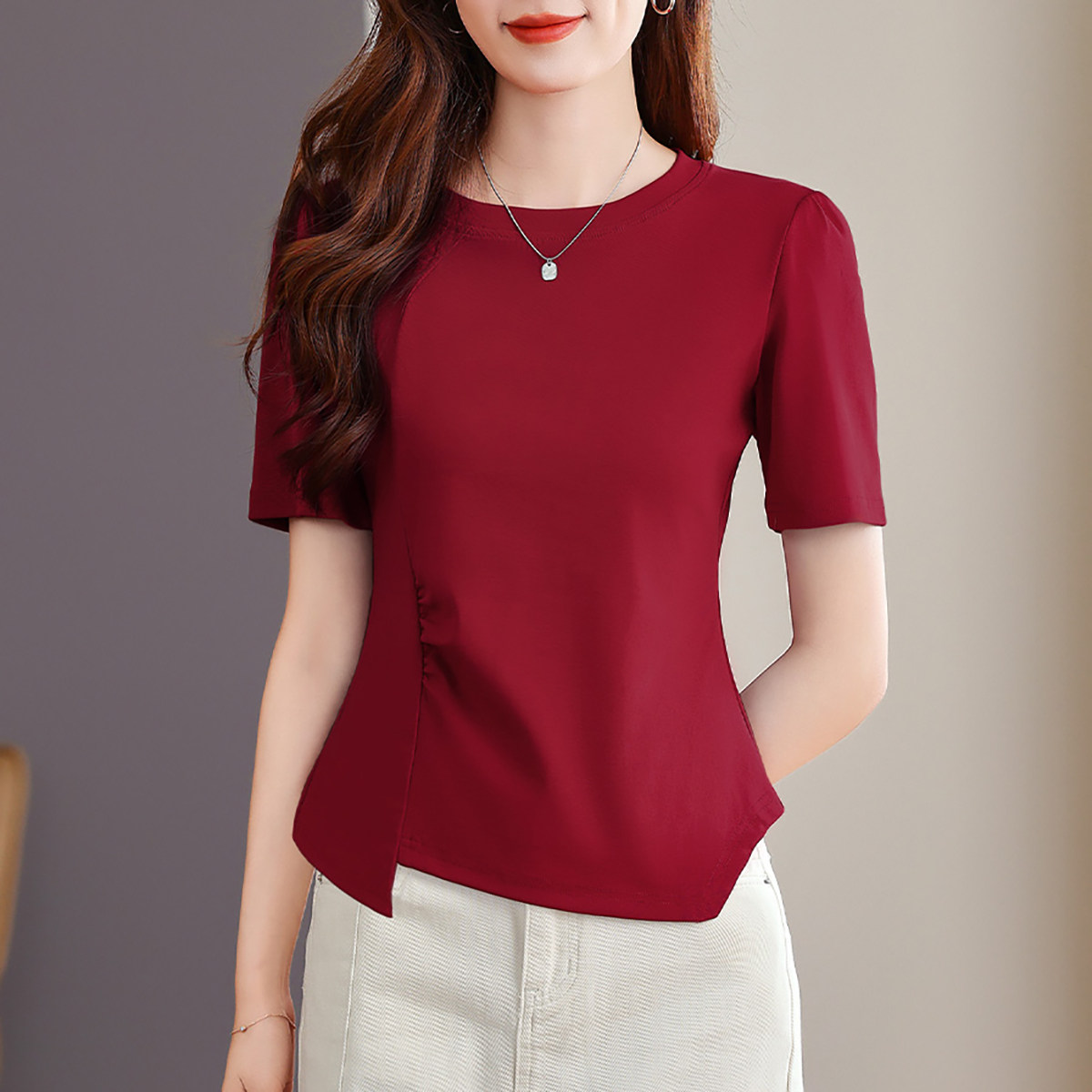 红色短袖T恤女2025夏季洋气女装修身显瘦不规则下摆漂亮掐腰上衣
