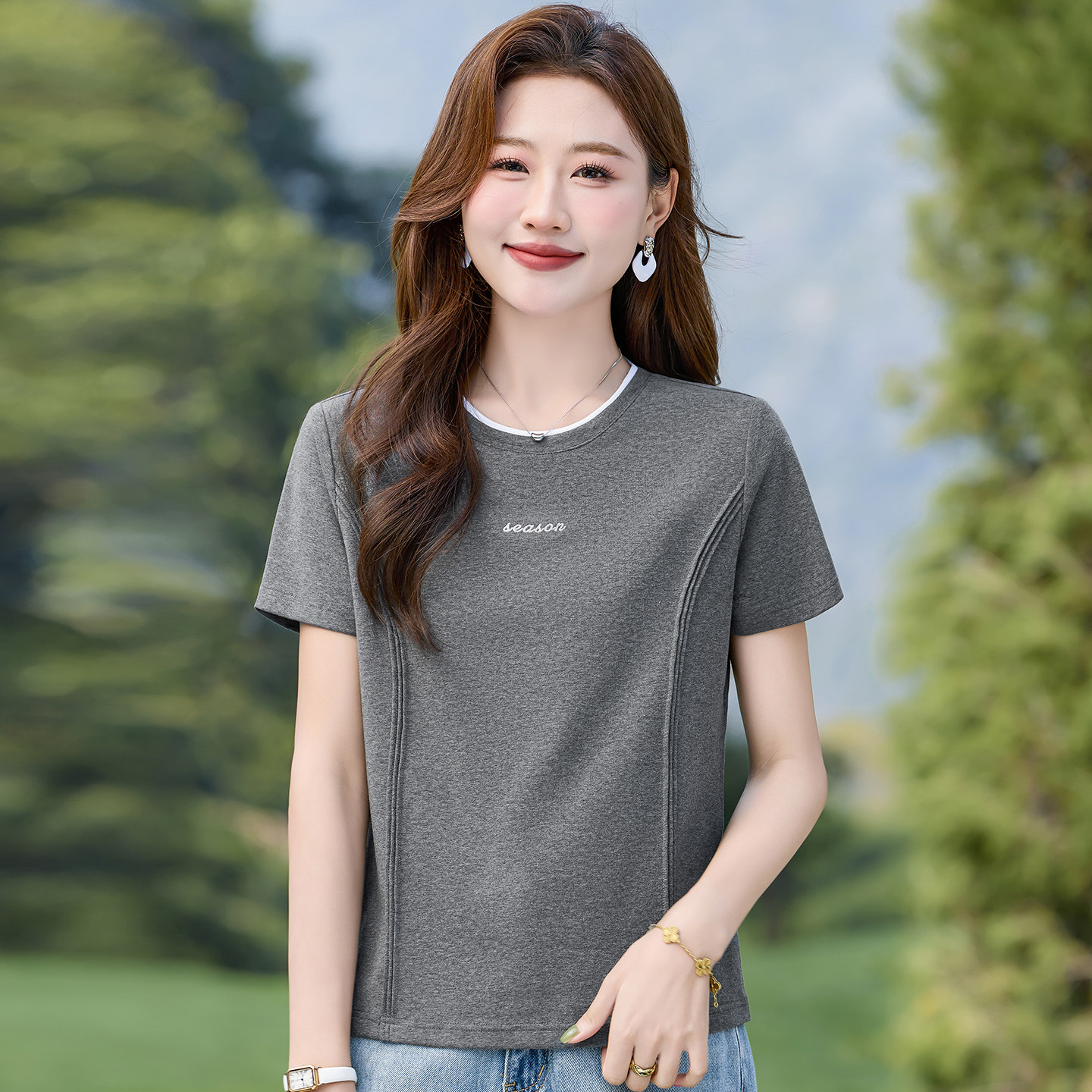 圆领t恤女薄款2026夏季新款爆款遮肚子显瘦半袖正肩女士修身上衣