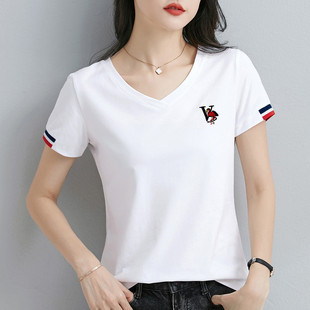 V领白色正肩短袖t恤女2026新款夏季女装衣服上衣半袖体恤衫