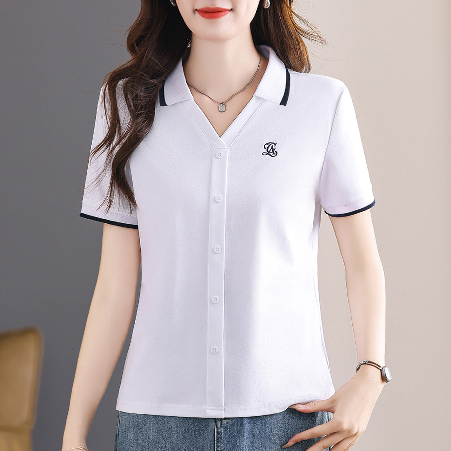 白色V领亨利衫领短袖显瘦T恤女