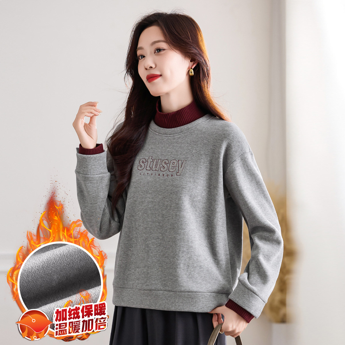 2025秋冬灰色假两件半高领长袖卫衣女加绒加厚高级感宽松内搭上衣