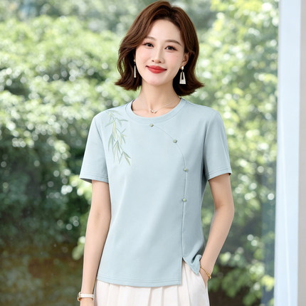 新中式圆领正肩短袖t恤女2026夏季新款设计感小众中年妈妈装上衣