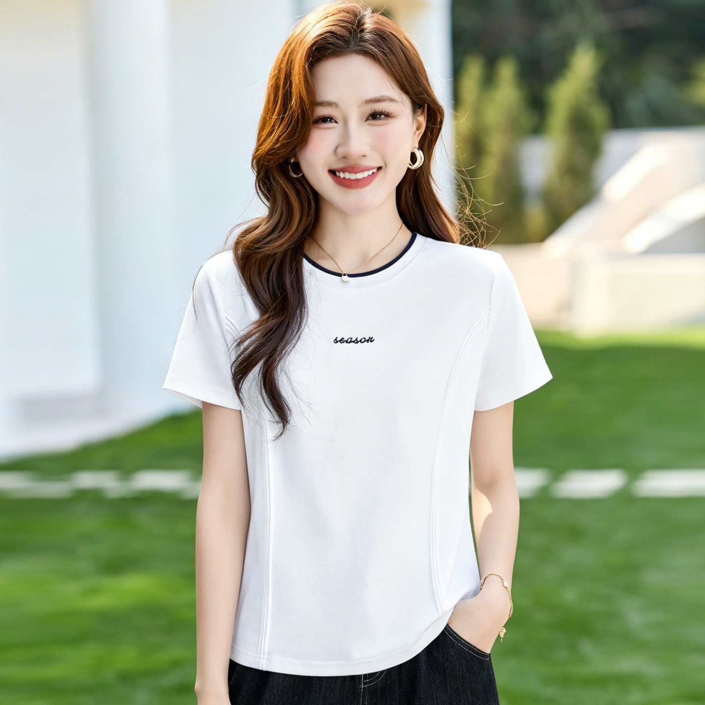 白色假两件短袖t恤女2026新款夏季爆款洋气半袖修身女士上衣体恤