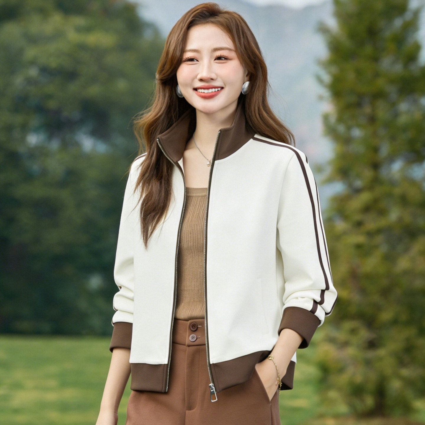 2026年春季立领长袖卫衣拼色小个子短款外套运动风休闲开衫上衣