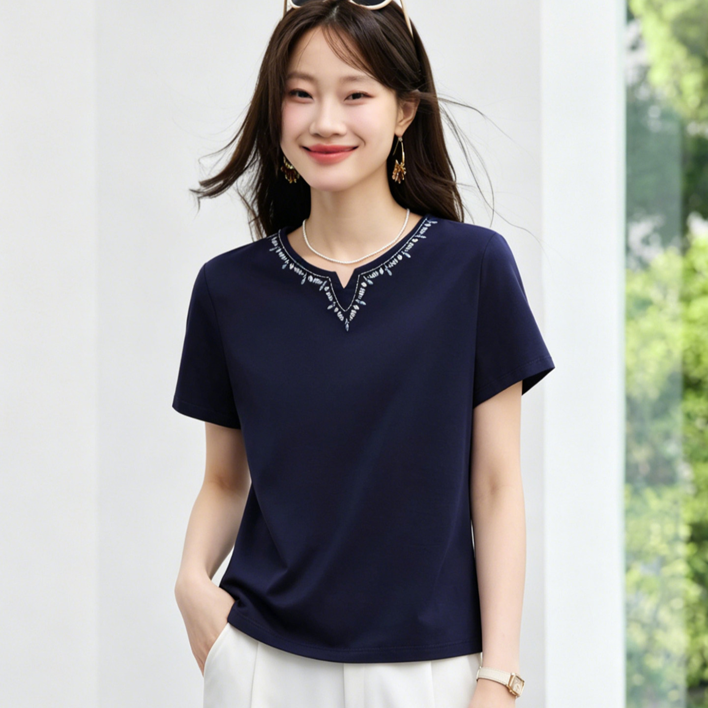 V领短袖t恤女2026夏季新款爆款设计感小众高级女装半袖体桖衫上衣