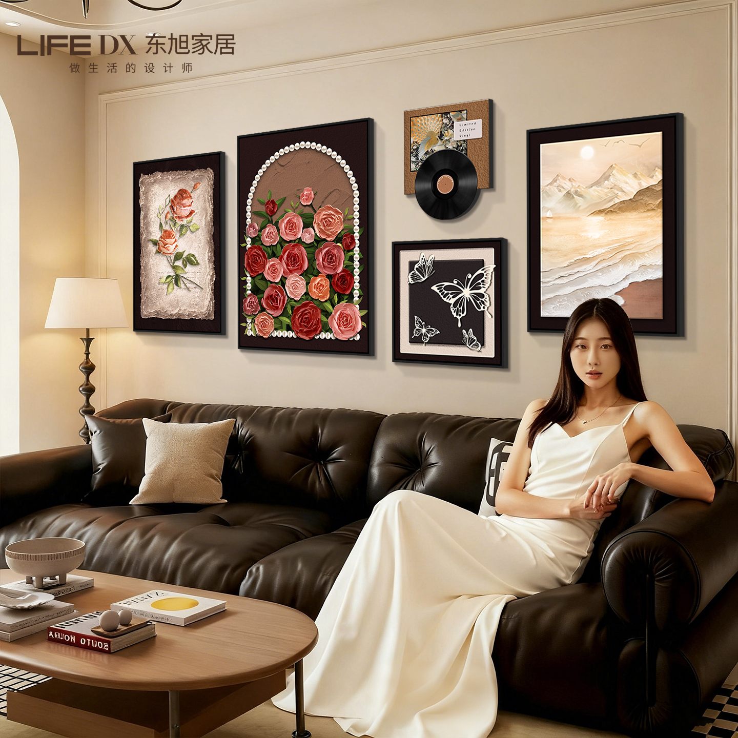 中古风客厅装饰画高级感沙发背景墙挂画法式复古玫瑰艺术组合壁画图片
