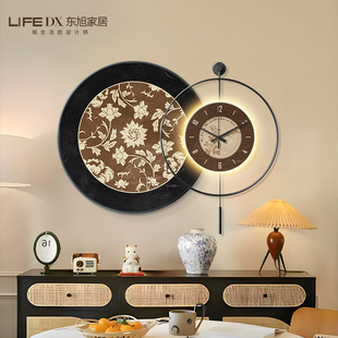 中古风餐厅装 沙发背景墙壁画 饰画带钟表法式 复古圆形客厅挂画美式