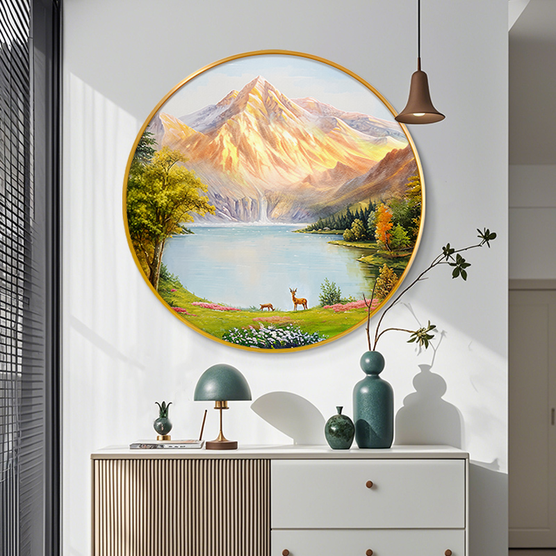 聚宝盆入户圆形玄关装饰画轻奢手绘油画走廊过道挂画山水风景壁画图片