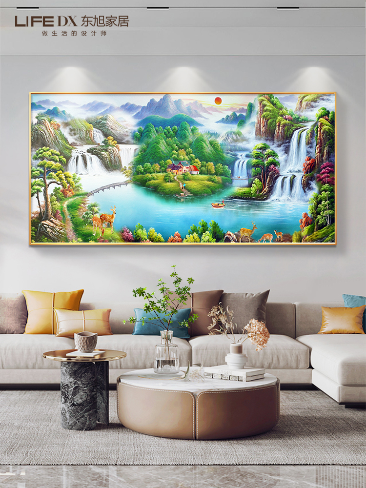 聚宝盆山水画客厅挂画朝日东升沙发背景墙装饰办公室欧式财富壁画