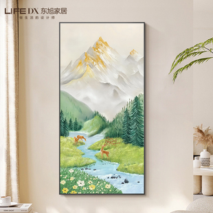 饰画入户正对门走廊过道挂画高端手绘油画山水风景 日照金山玄关装
